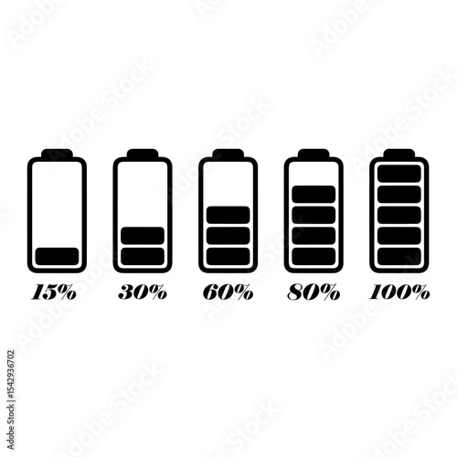 Set battery charge progress indicator. Battery indicator vector symbol from 15-100%. Vector illustration