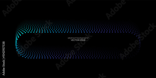 Vector abstract banner design with glowing curved gradient dots line in neon blue and green tones on black background, modern technology concept template with rounded rectangular frame layout