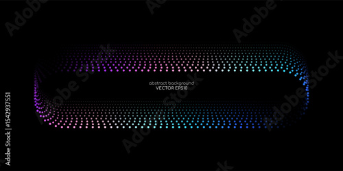 Vector abstract banner design with glowing curved gradient dots line in neon blue and purple tones on black background, modern technology concept template with rounded rectangular frame layout