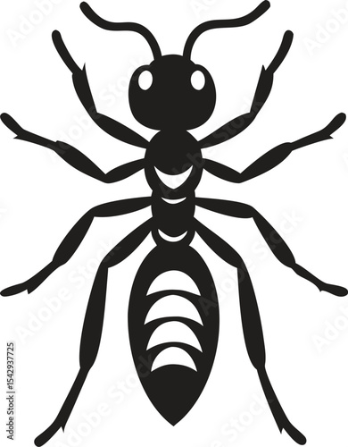 Minimalist black silhouette vector illustration of an ant on white background, representing crawling insects for nature, biology, pest control services, and modern logo concepts
