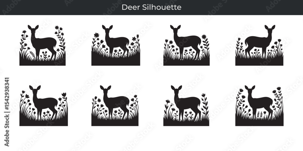 Obraz premium Elegant deer silhouette in a floral meadow featuring various nature elements and simple artistic design