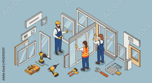 Team collaboration in window installation and construction project vector illustration isometric
