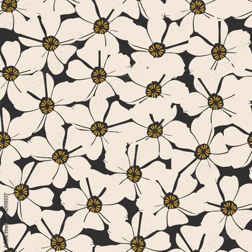Floral Seamless Pattern. Cute Flowers Seamless Background. Flower Motif Batik Design. White Flowers on Black Background. Vector illustration.