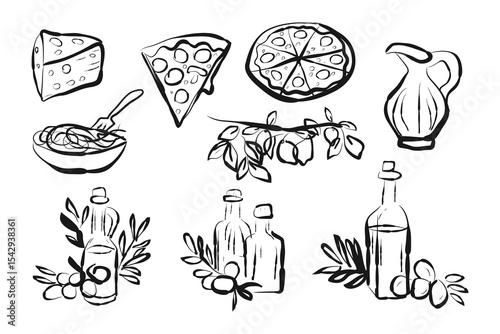 Italian Food Line Art Style Drawings Set. Pizza, Olive Oil Simple Hand Drawn Collection for Trendy Design. Abstract Vector Illustrations in Doodle Sketch Style. Italian Elements Set for Banner, Poster