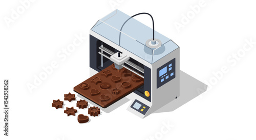 Innovative 3d printing of chocolate molds for custom design and creative confectionery creations vector illustration isometric