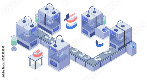 Dental 3d printing process for invisible aligners production and innovation in orthodontics vector illustration isometric