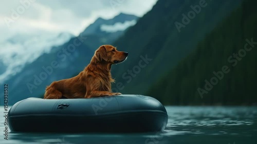 International dog day. A golden retriever sits on an inflatable raft on a tranquil lake surrounded by forested mountains and distant snow-capped peaks.