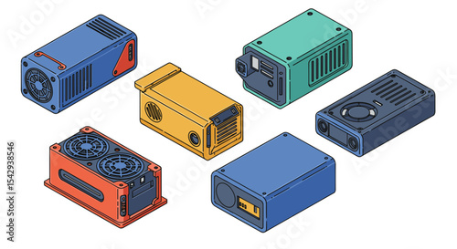 Colorful isometric technology components for design and innovation projects vector illustration isometric
