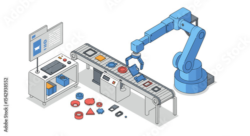 Automated robotic arm sorting shapes on factory conveyor for modern manufacturing process vector illustration isometric