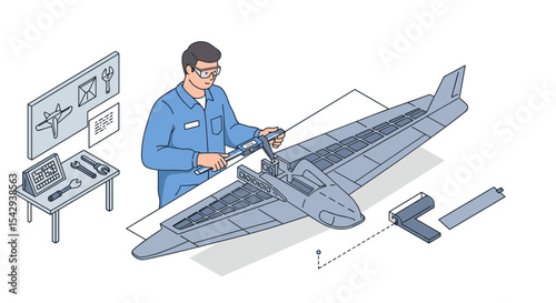 Engineer building model aircraft in workshop for educational purposes vector illustration isometric