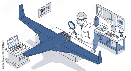 Engineer conducting detailed aircraft inspection in modern laboratory setting vector illustration isometric