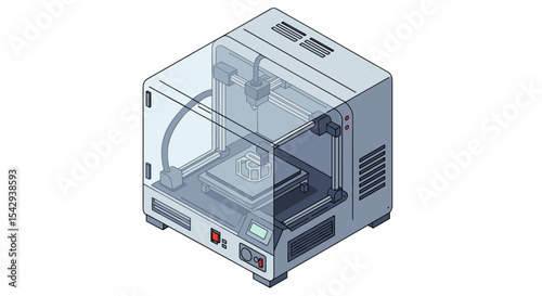 Isometric illustration of a 3d printer creating a geometric object vector illustration isometric