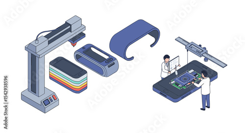 Innovative smartwatch design and development process with 3d printing and engineering analysis vector illustration isometric