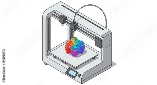 Innovative 3d printing machine creating geometric design with vibrant colors for technology and creativity concepts vector illustration isometric