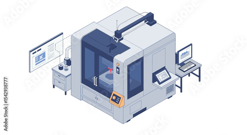 Advanced cnc machine in high-tech manufacturing facility for precision engineering vector illustration isometric