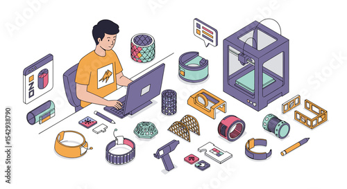 Creative 3d printing workshop with young engineer working on innovative designs vector illustration isometric