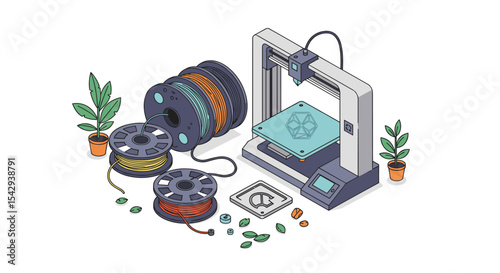 3d printing setup with filament spools and plants for creative design projects vector illustration isometric