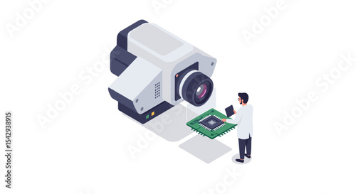 Futuristic technology scene with scientist analyzing microchip and advanced camera vector illustration isometric