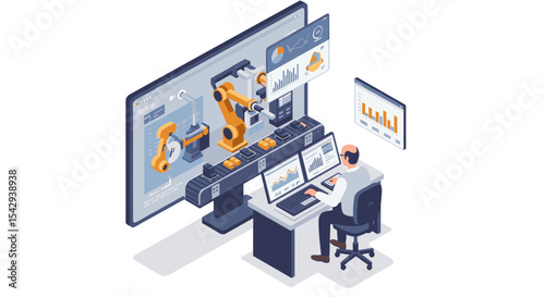 Robotic automation in manufacturing process with data analytics display vector illustration isometric