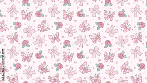 A pastel pink pattern with butterflies bows roses and hearts in a repeating design on a light background