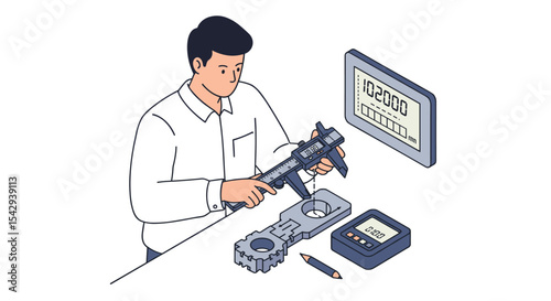 Engineer measuring with caliper in workshop for precision and accuracy vector illustration isometric