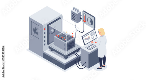 Scientist monitoring high-tech laboratory equipment for temperature and data analysis vector illustration isometric