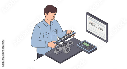 Engineer using caliper for precision measurement in technical design process vector illustration isometric