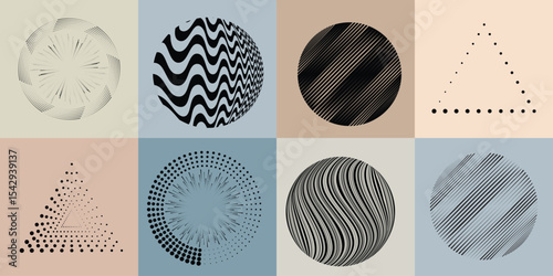 Lines and dots in Circle Form .Rotate rounded shape Vector Illustration .Rotating dots form a circle .Rotating design element . Various lines forming round shape . Abstract Geometric line art .
