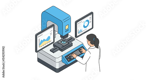 Scientist analyzing data on advanced laboratory equipment with digital interfaces vector illustration isometric