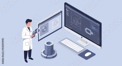 Engineer analyzing technical design on multiple computer screens in modern workspace vector illustration isometric