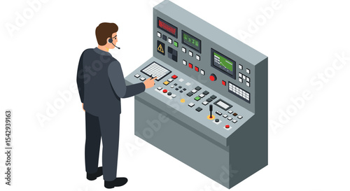 Technician operating industrial control panel with modern display screens vector illustration isometric