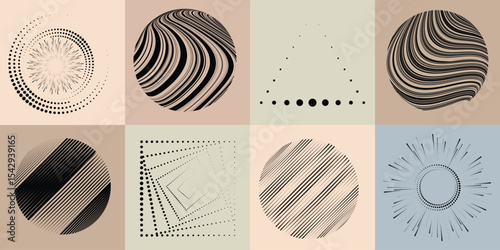 Lines and dots in Circle Form .Rotate rounded shape Vector Illustration .Rotating dots form a circle .Rotating design element . Various lines forming round shape . Abstract Geometric line art .
