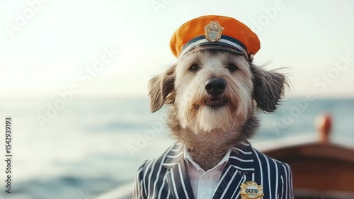 International dog day. A dog dressed as a ship captain with a striped suit and orange hat poses confidently on a boat by the water.