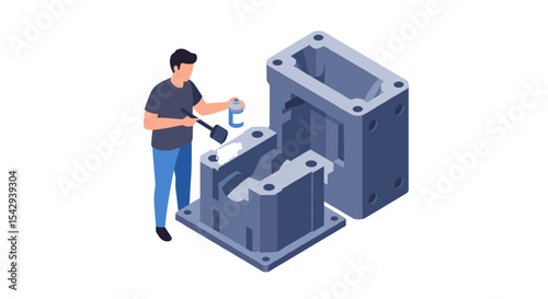 Industrial manufacturing process with worker assembling machine parts vector illustration isometric