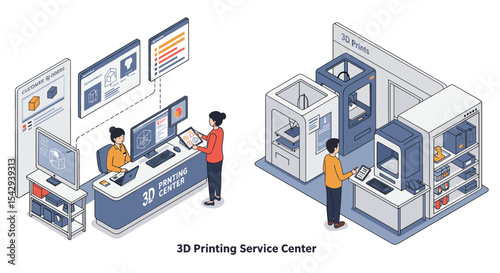 Innovative 3d printing service center scene featuring designers and modern equipment vector illustration isometric