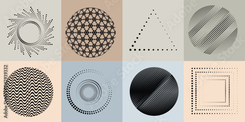 Lines and dots in Circle Form .Rotate rounded shape Vector Illustration .Rotating dots form a circle .Rotating design element . Various lines forming round shape . Abstract Geometric line art .
