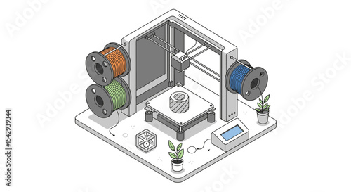 Modern 3d printer with filaments and cube design for creative projects and innovations vector illustration isometric