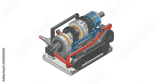 Detailed diagram of mechanical gear system in colorful isometric style for engineering design vector illustration isometric