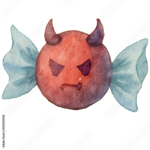 Enraged Confectionery: A captivating watercolor painting of a candy shaped with menacing expression, exuding an air of mischievousness and devilish charm.