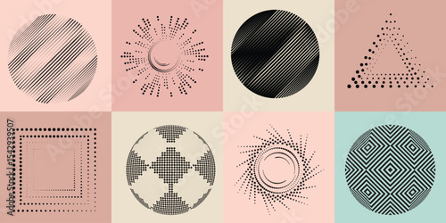 Lines and dots in Circle Form .Rotate rounded shape Vector Illustration .Rotating dots form a circle .Rotating design element . Various lines forming round shape . Abstract Geometric line art .
