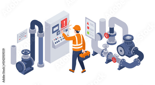 Industrial engineer operating control panel for emergency shutdown in factory setting vector illustration isometric