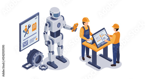 Advanced automation and robotics in industrial engineering design concept vector illustration isometric