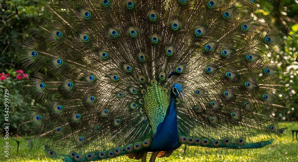 Obraz premium 鮮やか羽根広げ緑庭舞う孔雀 夕日浴び輝き美しい. AI Generated