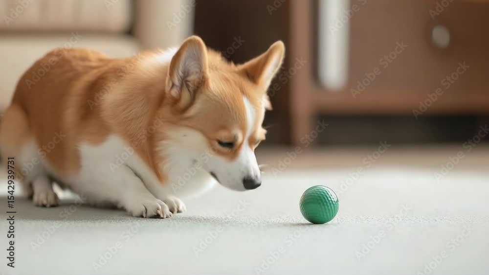 International dog day. A cute corgi dog intently stares at a small green ball on the carpet indoors.
