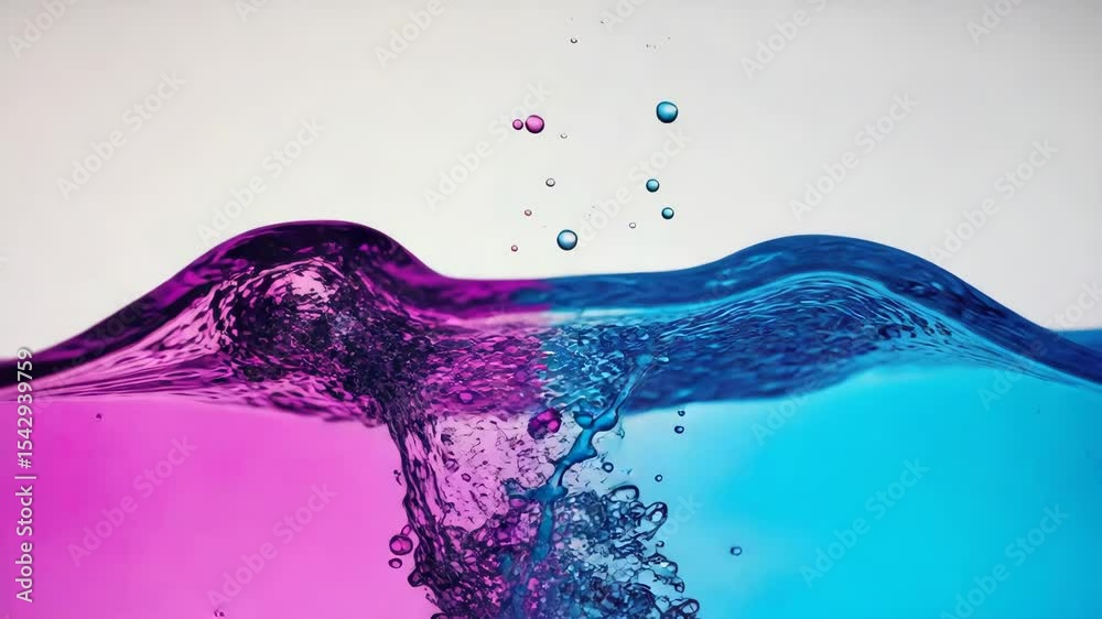 Abstract background. Two liquid splashes collide and merge on white. vibrant magenta splash and electric blue splash creating dynamic fluid interaction