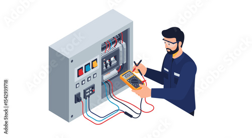 Electrical technician conducting wiring inspection with multimeter vector illustration isometric