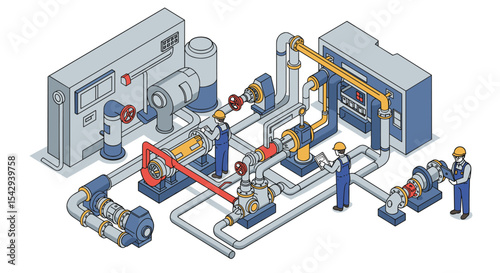 Industrial plant operations with engineers managing machinery systems and pipelines vector illustration isometric