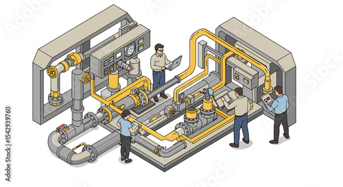 Engineers managing industrial pipes and valves in control room setting vector illustration isometric