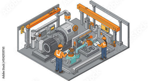 Industrial machinery maintenance and engineering with workers in safety gear vector illustration isometric