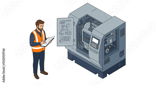 Engineer inspecting industrial cnc machine for maintenance task evaluation vector illustration isometric